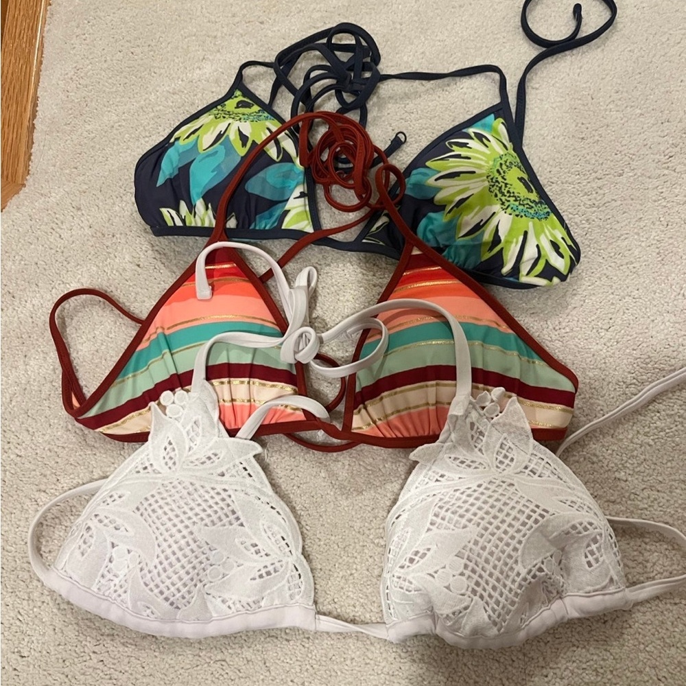 Floral and Striped Bikini Tops Set